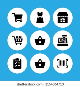 supermarket icon. 9 supermarket set with commerce and shopping, shopping basket button, cart of ecommerce and barcode vector icons for web and mobile app