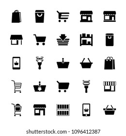 Supermarket icon. collection of 25 supermarket filled icons such as store, shopping bag, shopping basket, bar code scanner. editable supermarket icons for web and mobile.