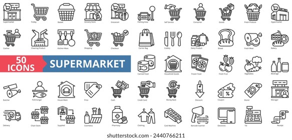 Conjunto de colección de iconos de supermercado. Conteniendo carro, cesta, tienda de comestibles, tienda de comestibles, área de estacionamiento, autoservicio, icono del consumidor. Vector de línea simple.