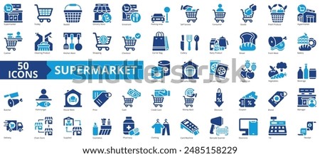 Supermarket icon collection set. Containing trolley, basket, grocery store, grocerant, parking area, self service, consumer icon. Simple flat vector.