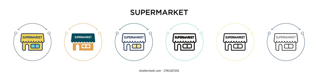 Icono de supermercado en el estilo relleno, delgado, contorno y trazo. Ilustración vectorial de dos diseños de iconos vectoriales de supermercados de color y negro se pueden utilizar para móviles, ui, web