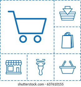 Supermarket icon. set of 6 supermarket outline icons such as store, shopping bag, bar code scanner, shopping cart