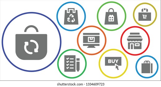 supermarket icon set. 9 filled supermarket icons.  Simple modern icons about  - Bag, Eco bag, Shopping bag, Shopping list, Buy, Online shop, Shop