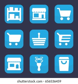 Supermarket Icon. Set Of 9 Filled Supermarket Icons Such As Store, Bar Code Scanner, Shopping Cart, Storage, Shopping Basket