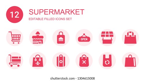 supermarket icon set. Collection of 12 filled supermarket icons included Shopping cart, Shop, Store, Bag, Shopping bag