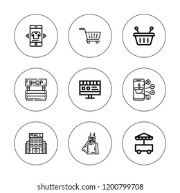 Supermarket icon set. collection of 9 outline supermarket icons with basket, cart, mall, online shop, online shopping, shop, shopping bag icons. editable icons.