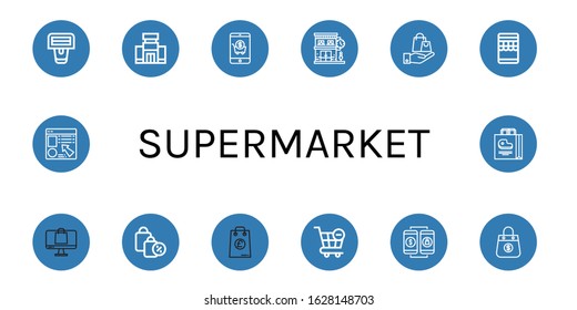 supermarket icon set. Collection of Barcode scanner, Shopping mall, Shopping cart, Clock shop, Shopping bag, Online Ecommerce, Bag, Online shop icons
