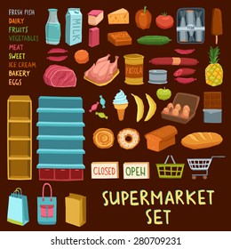 Supermarket icon set with fish dairy meat bakery fruits vegetables ice cream shopping cart basket isolated vector illustration