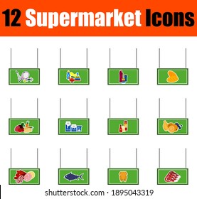Juego de iconos de supermercado. Diseño plano. Ilustración vectorial totalmente editable. Texto expandido.