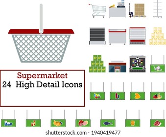 Juego de iconos de supermercado. Diseño plano. Ilustración vectorial totalmente editable. Texto expandido.