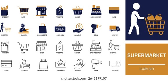 Supermarket Icon Set Grocery, Shopping Cart, Checkout and Retail Store