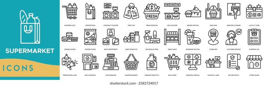 Supermarket icon set. Shopping Cart, Grocery Bag, Checkout Counter, Price Tag, Fresh Produce, Deli Counter and Bakery Section