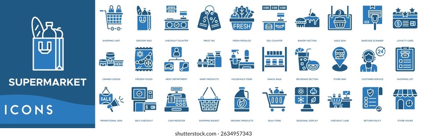 Supermarket icon set. Shopping Cart, Grocery Bag, Checkout Counter, Price Tag, Fresh Produce, Deli Counter and Bakery Section