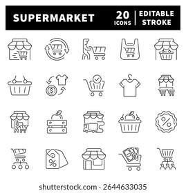 Conjunto de iconos de supermercado. Conjunto de iconos de línea delgada relacionados con el supermercado y las compras. Colección de iconos de supermercado en estilo de línea