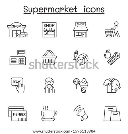 Supermarket icon set in thin line style
