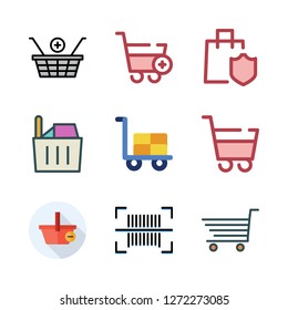 supermarket icon set. vector set about barcode, shopping cart, shopping basket and trolley icons set.