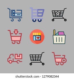 supermarket icon set. vector set about cart, shopping cart, supermarkets and shopping basket icons set.