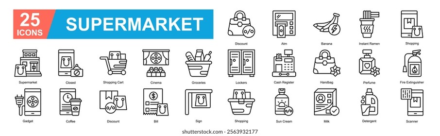 Supermarket Icon Sheet Supermarket, Closed, Shopping Cart, Cinema, Groceries, Lockers, Cash Register, Handbag, Perfume, Fire Extinguisher, Shopping, Gadget, Coffee, Discount, Bill, Sign, Shopping, Sun