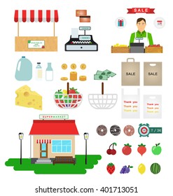 Supermarket icons. Food and drinks, basket and money