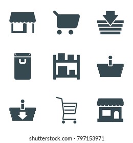 Supermarket icons. set of 9 editable filled supermarket icons such as shopping basket, shopping cart, store, storage
