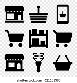 Supermarket Icons Set. Set Of 9 Supermarket Filled Icons Such As Store, Bar Code Scanner, Shopping Cart, Storage, Shopping Basket