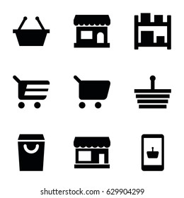 Supermarket icons set. set of 9 supermarket filled icons such as store, storage, shopping basket
