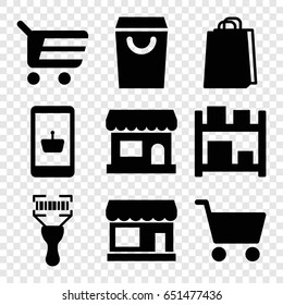 Supermarket Icons Set. Set Of 9 Supermarket Filled Icons Such As Store, Shopping Bag, Bar Code Scanner, Shopping Cart, Storage