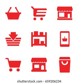 Supermarket icons set. set of 9 supermarket filled icons such as store, shopping cart, storage