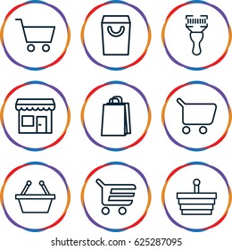 Supermarket icons set. set of 9 supermarket outline icons such as shopping bag, bar code scanner, shopping cart, store