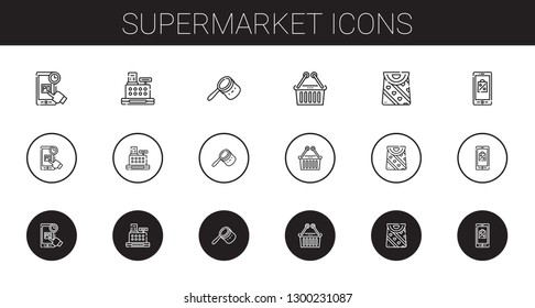 supermarket icons set. Collection of supermarket with online shopping, cashier, bag, upermarket, mobile shopping. Editable and scalable supermarket icons.