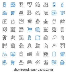 supermarket icons set. Collection of supermarket with upermarket, online shopping, shop, mall, shopping cart, basket, trolley, store. Editable and scalable supermarket icons.