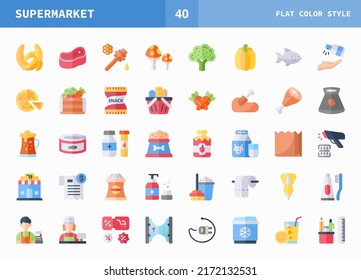 Supermarket icons set. Flat color set of vector. Can used for digital product, presentation, UI and many more.