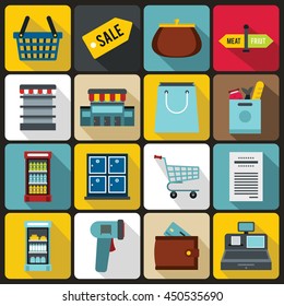 Supermarket icons set in flat ctyle. Shopping elements set collection vector illustration