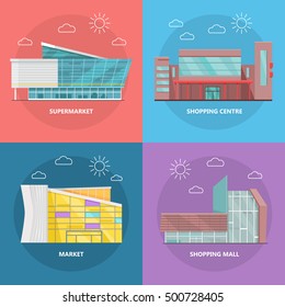 Supermarket icons set. Flat design. Modern commercial building icons collection for web design, app pictogram, banners. Shop, shopping center, mall, business center on color background.