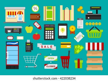 Supermarket icons set. Isolated on turquoise background. Vector illustration.