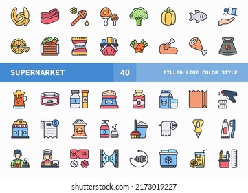 Supermarket icons set. Line color set of vector. Can used for digital product, presentation, UI and many more.