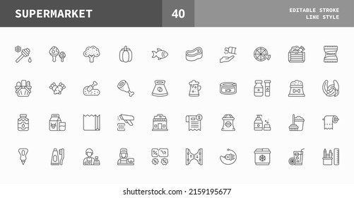 Supermarket icons set. Line set of vector icons editable stroke and pixel perfect. Can used for digital product, presentation, UI and many more.