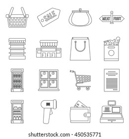 Supermarket icons icons set in outline ctyle. Shopping elements set collection vector illustration