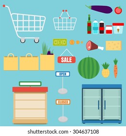 Supermarket icons set. Shopping shelves and foods icons