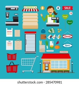 Supermarket icons. Store and shopping shelves, cart and basket