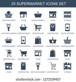 Supermarket Icons. Trendy 25 Supermarket Icons. Contain Icons Such As Shopping Basket, Store, Storage, Bar Code Scanner, Shopping Cart, Shopping Bag. Supermarket Icon For Web And Mobile.