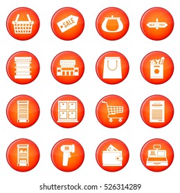 Supermarket icons vector set of red circles isolated on white background