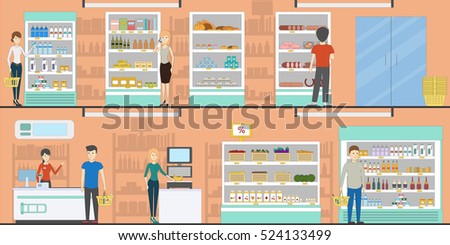 Supermarket idoors interior. Stands and shelves with products, fruits, vegetables, alcohol and more.