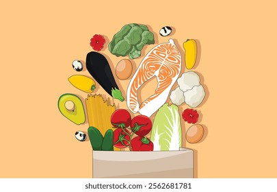 Supermarket Illustration. Paper bags containing healthy food containing vegetables and fruits.