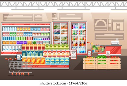 Supermarket illustration. Store interior with goods. Big shopping mall. Shelves, fridge, and carts. Wooden boxes with vegetables. Cash register. Vector illustration.