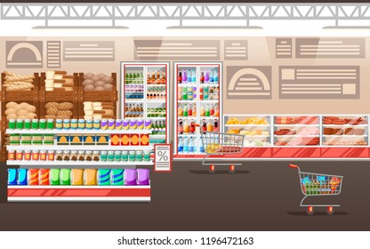 Supermarket illustration. Store interior with goods. Big shopping mall. Shelves, fridge, and carts. Fridge with cheese and meat. Vector illustration.