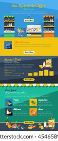 Supermarket infographic flat layout with best offers products advertising and eco and natural food information vector illustration 