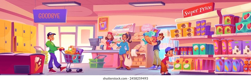 Supermarket inside with people buy grocery vector. Food store interior with character, shelf and refrigerator. Man and woman customer shopping. Retail hypermarket with bread. Cashier on counter