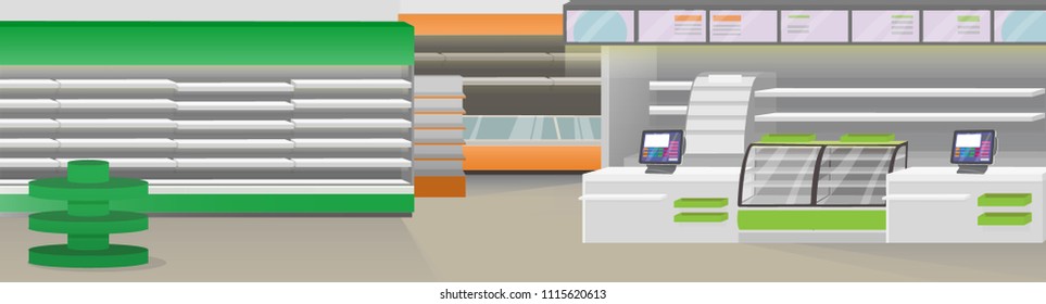 Supermarket interior with branding, empty furniture and equipment. Image includes two rooms with blank showcase displays, refrigerators and checkout zone. Template layered vector illustration