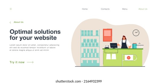 Supermarket interior with cashier at checkout. Female worker at cash register in shop flat vector illustration. Grocery shopping, retail concept for banner, website design or landing web page